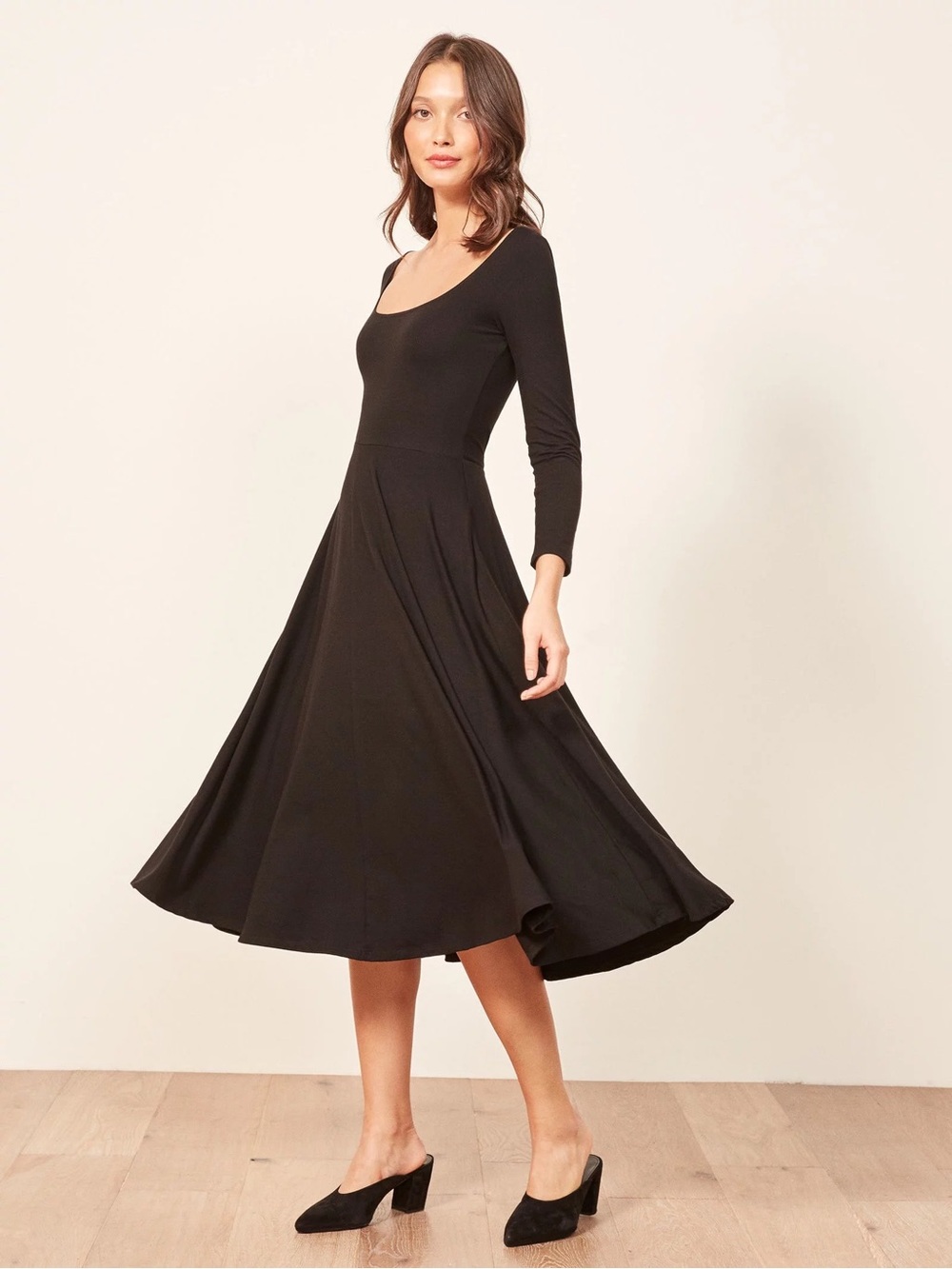 NWT Reformation Black Long Sleeve Midi Fit-and-Flare Dress